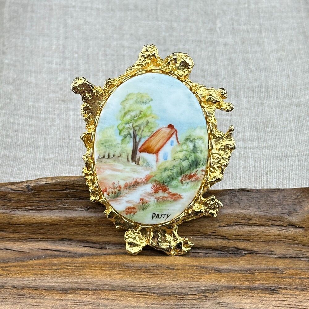 Vintage Hand Painted Porcelain Brooch Pendant Farm-house Cottage Gold-tone 2.25"